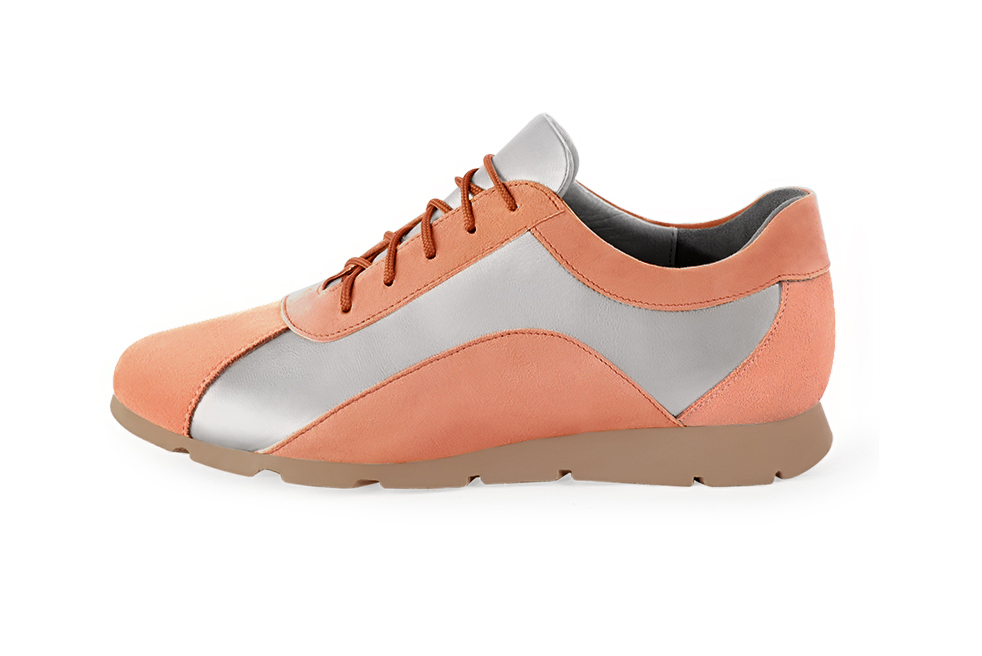 Peach orange and light silver women's three-tone elegant sneakers. Round toe. Flat rubber soles. Profile view - Florence KOOIJMAN